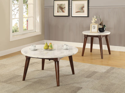 A living room features the Gasha Coffee Table in white marble and walnut, displaying fruit and cups; a matching side table holds vases. Framed wall art and a window can be seen in the background.