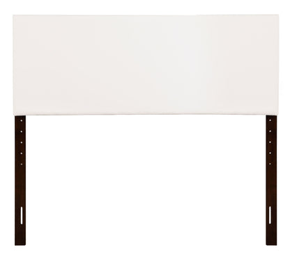 The Nova Headboard features a rectangular white upholstered design with two dark wooden support legs, shown against a plain white background.