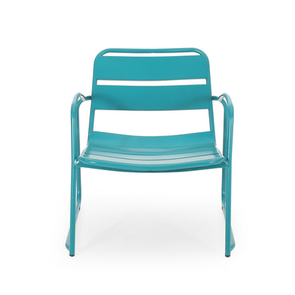 Front view of the Conrad - Chair Outdoor Seating in modern turquoise metal, featuring a slatted backrest and seat with curved armrests, displayed against a white background.