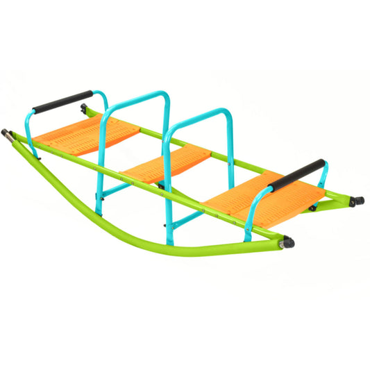 The Xss008 High Quality Kids Seesaw features a green and blue steel frame with cute orange plastic seats, designed as playground equipment for two children ages 3+ to rock safely back and forth outdoors.