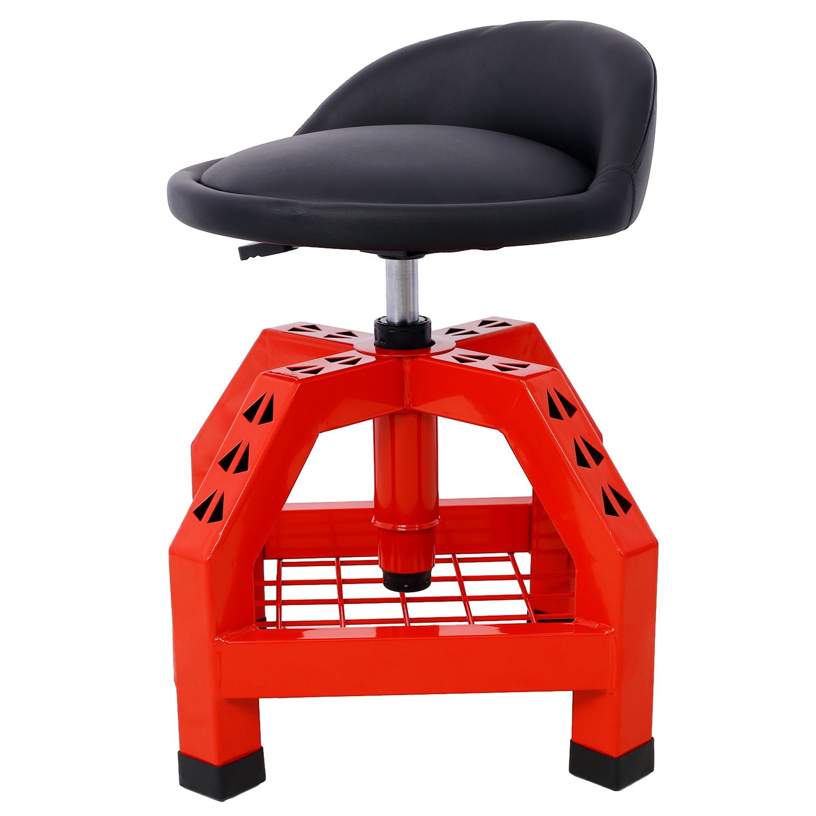 The Pneumatic 360 Degree Swivel Stool is a black cushioned mechanics seat with a curved backrest, sturdy red metal base with triangular cutouts, wire shelf at the bottom, and heavy-duty casters for easy movement.