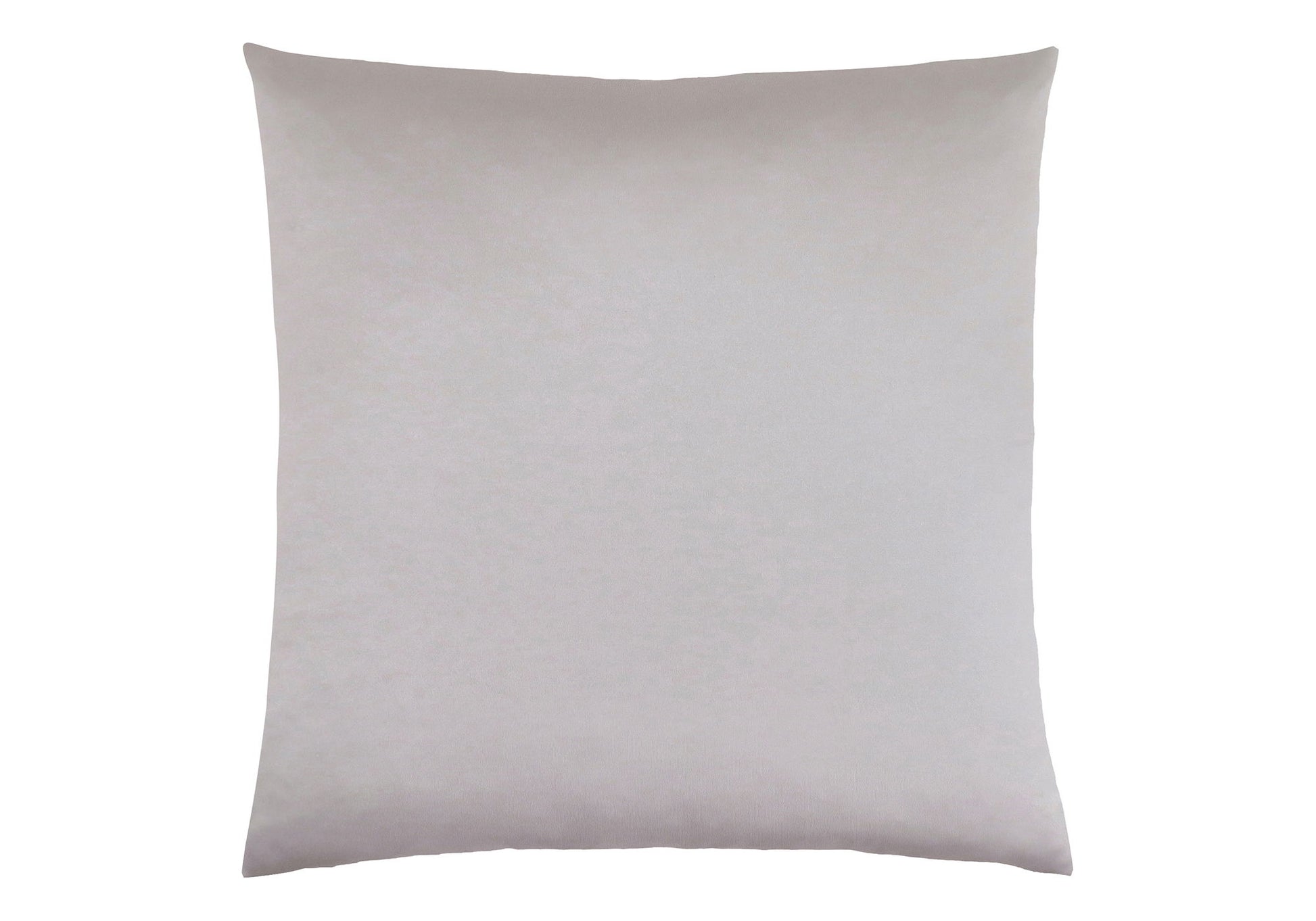 A modern, square decorative throw pillow with insert included, hypoallergenic and light gray smooth fabric, shown against a white background.