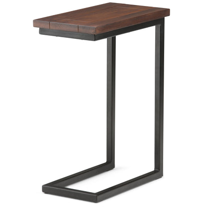 The Skyler - Handcrafted C Side Table features a modern C-shaped design with a dark wooden top and black metal frame, making it easy to slide under your sofa or chair for convenient use.