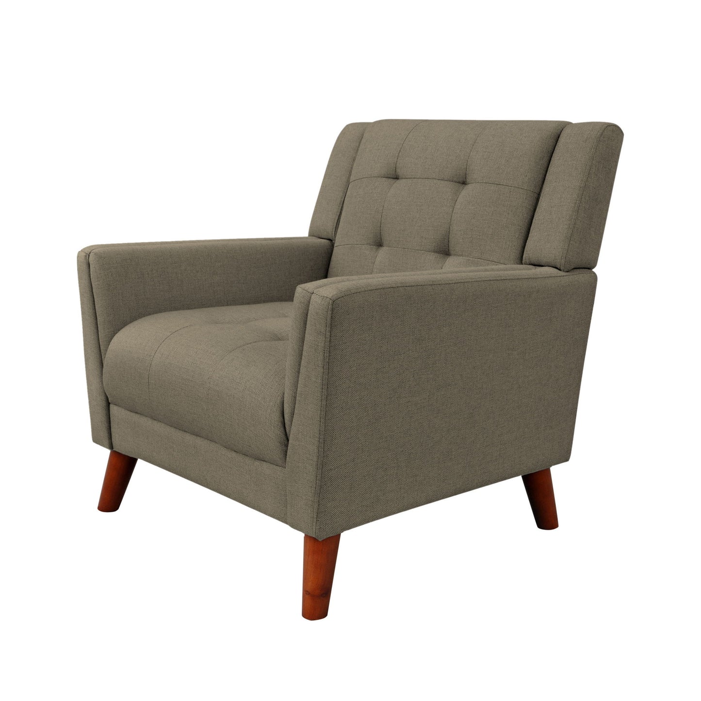 The Luminaesque Fabric Upholstered Armchair features a mid-century modern design with a light brown tufted backrest, wide armrests, and angled wooden legs, displayed against a plain white background.