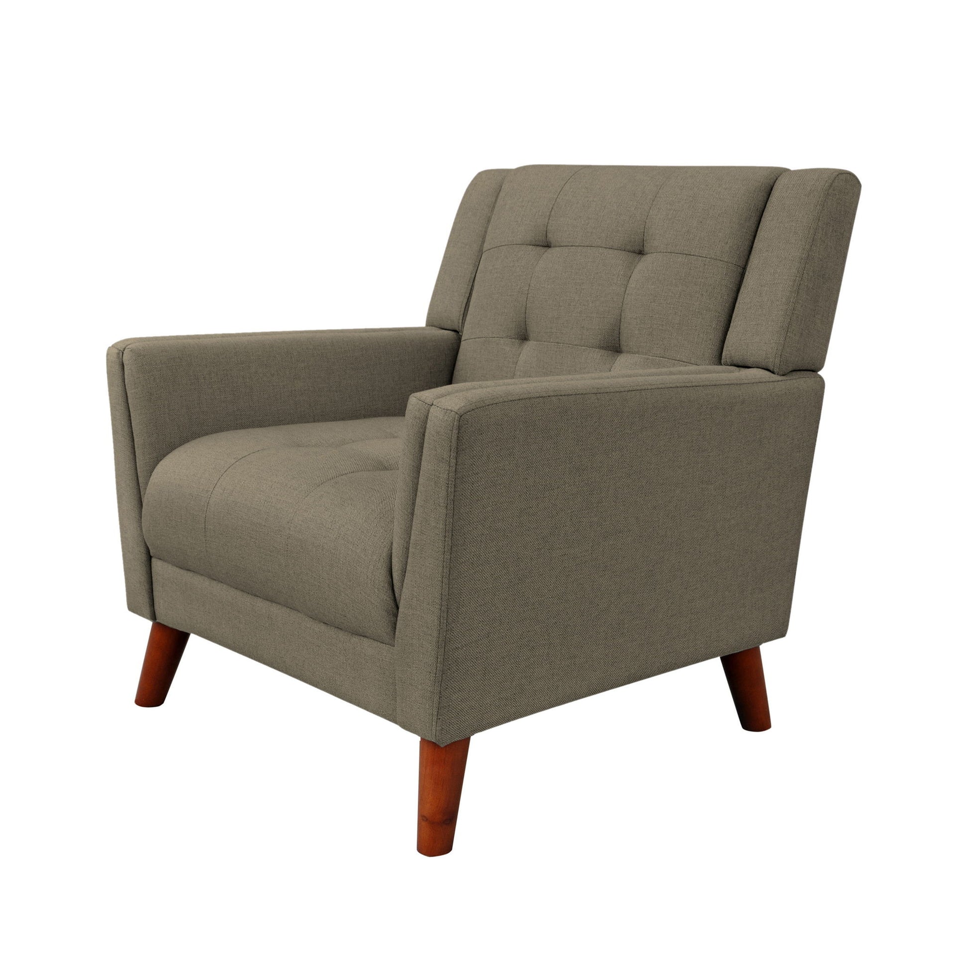 The Luminaesque Fabric Upholstered Armchair features a mid-century modern design with a light brown tufted backrest, wide armrests, and angled wooden legs, displayed against a plain white background.