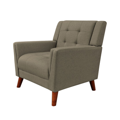 The Luminaesque Fabric Upholstered Armchair features a mid-century modern design with a light brown tufted backrest, wide armrests, and angled wooden legs, displayed against a plain white background.