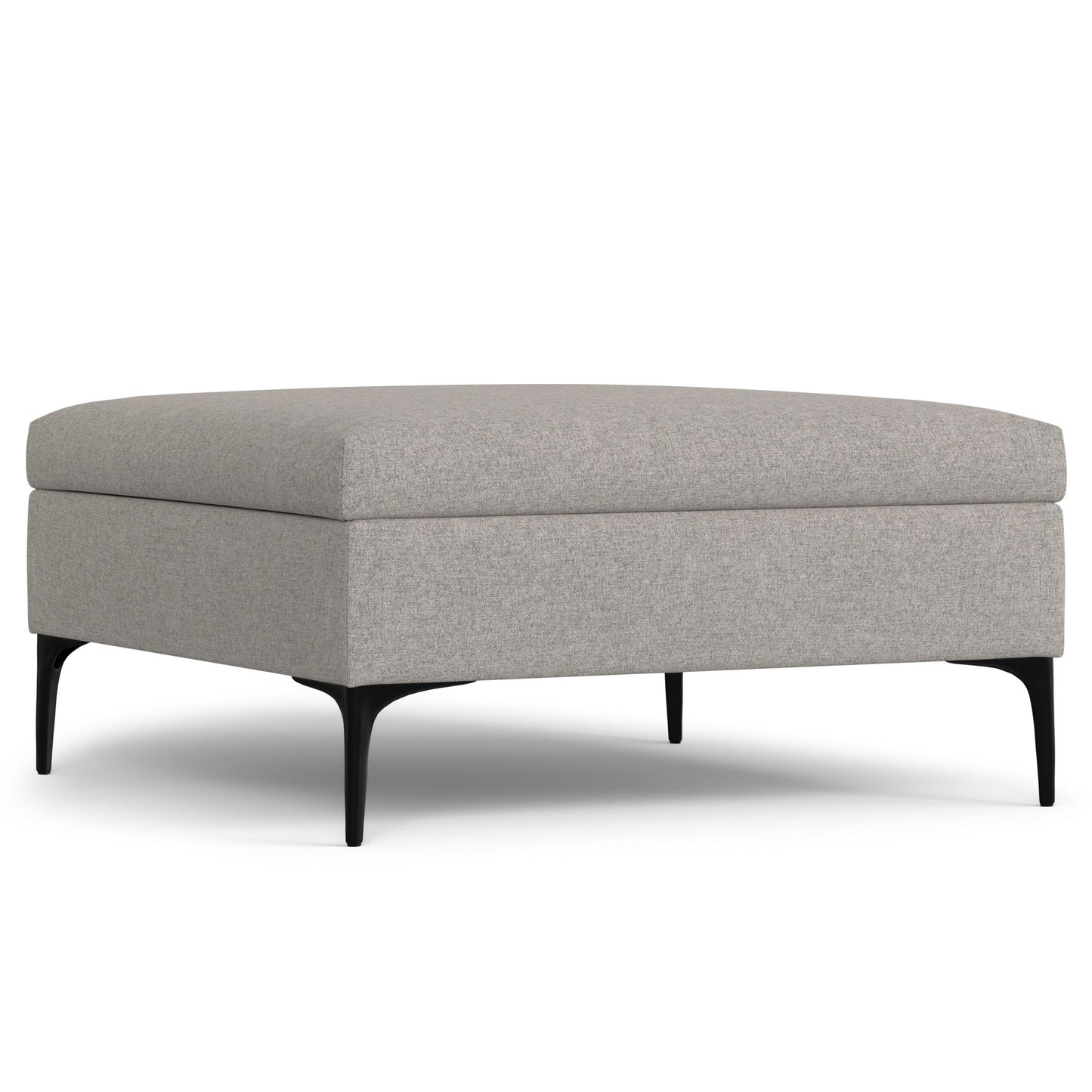 The Rebecca Multifunctional Coffee Table Storage Ottoman features a modern square design with light grey upholstery, black angled legs, and a lift-up lid, showcased on a white background.