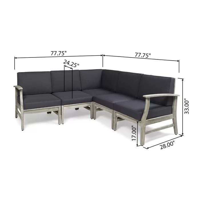 Perla - 5 Pieces Sofa Set: Wooden L-shaped outdoor sectional with dark cushions. Dimensions: 77.75"L per side, 33"H, 28"D, seat height 17", seat depth 24.25".