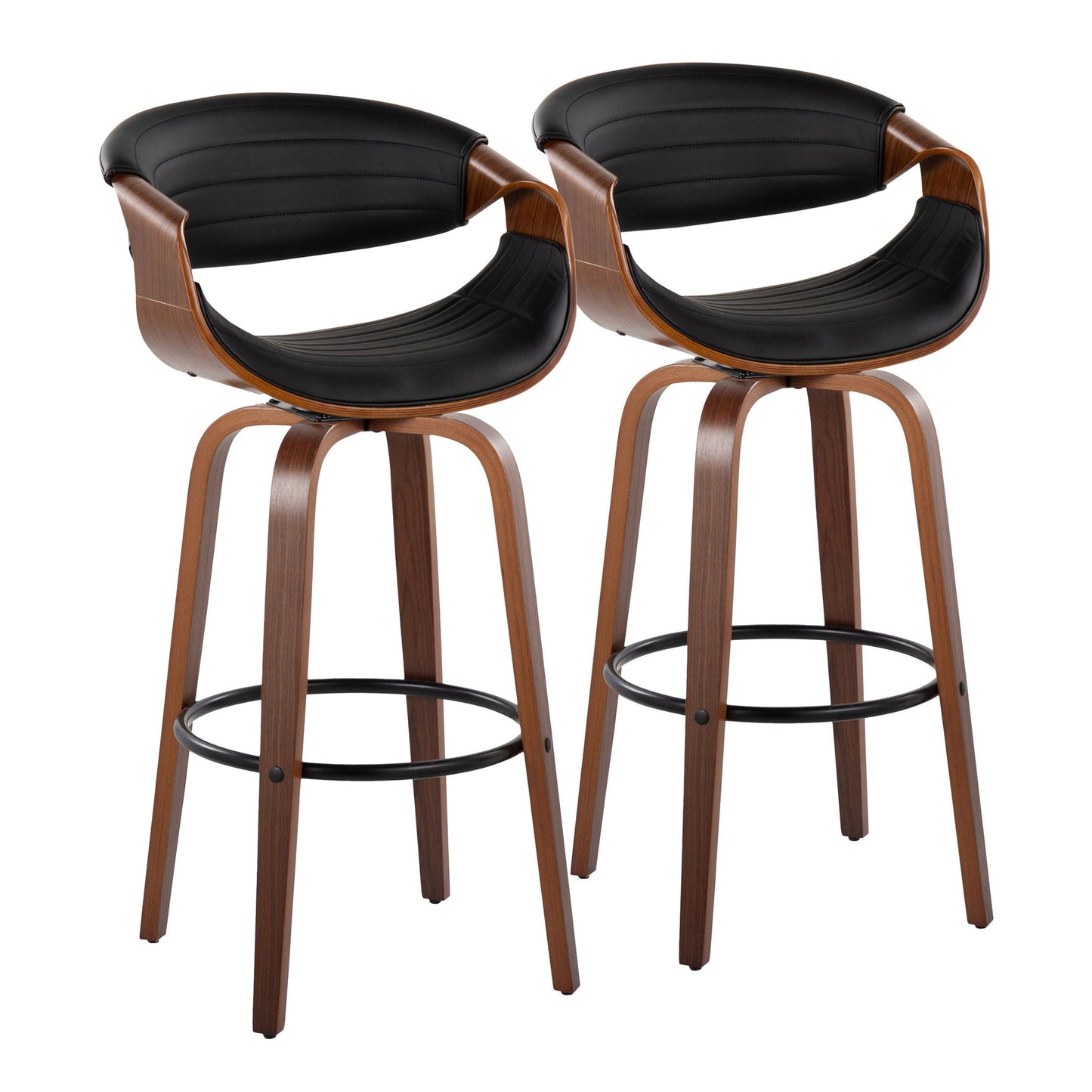 The Symphony set includes two mid-century modern barstools with curved wooden frames, black cushioned seats and backs, swivel function, round metal footrests, and four sturdy wooden legs for a sleek contemporary look.