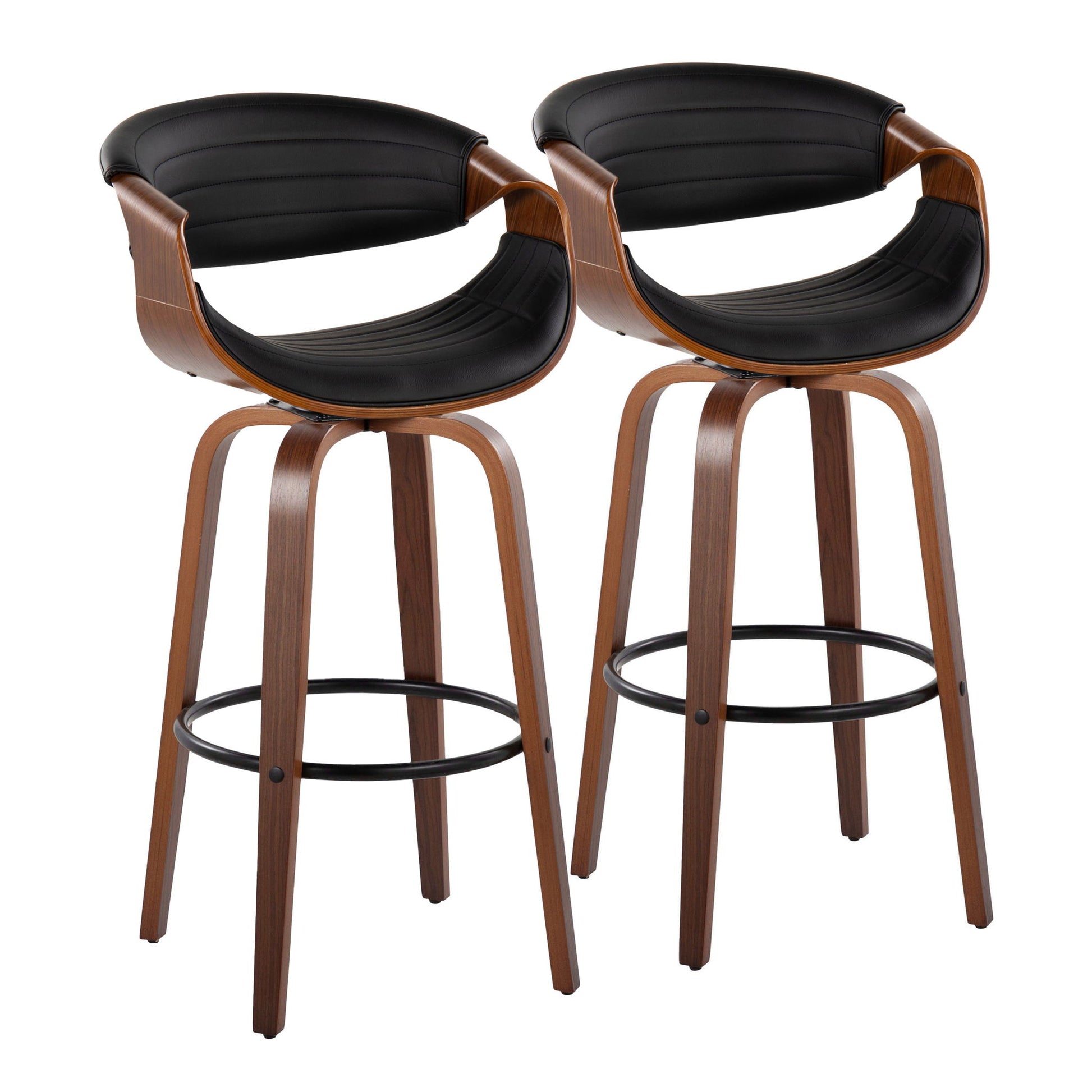 The Symphony set includes two mid-century modern barstools with curved wooden frames, black cushioned seats and backs, swivel function, round metal footrests, and four sturdy wooden legs for a sleek contemporary look.