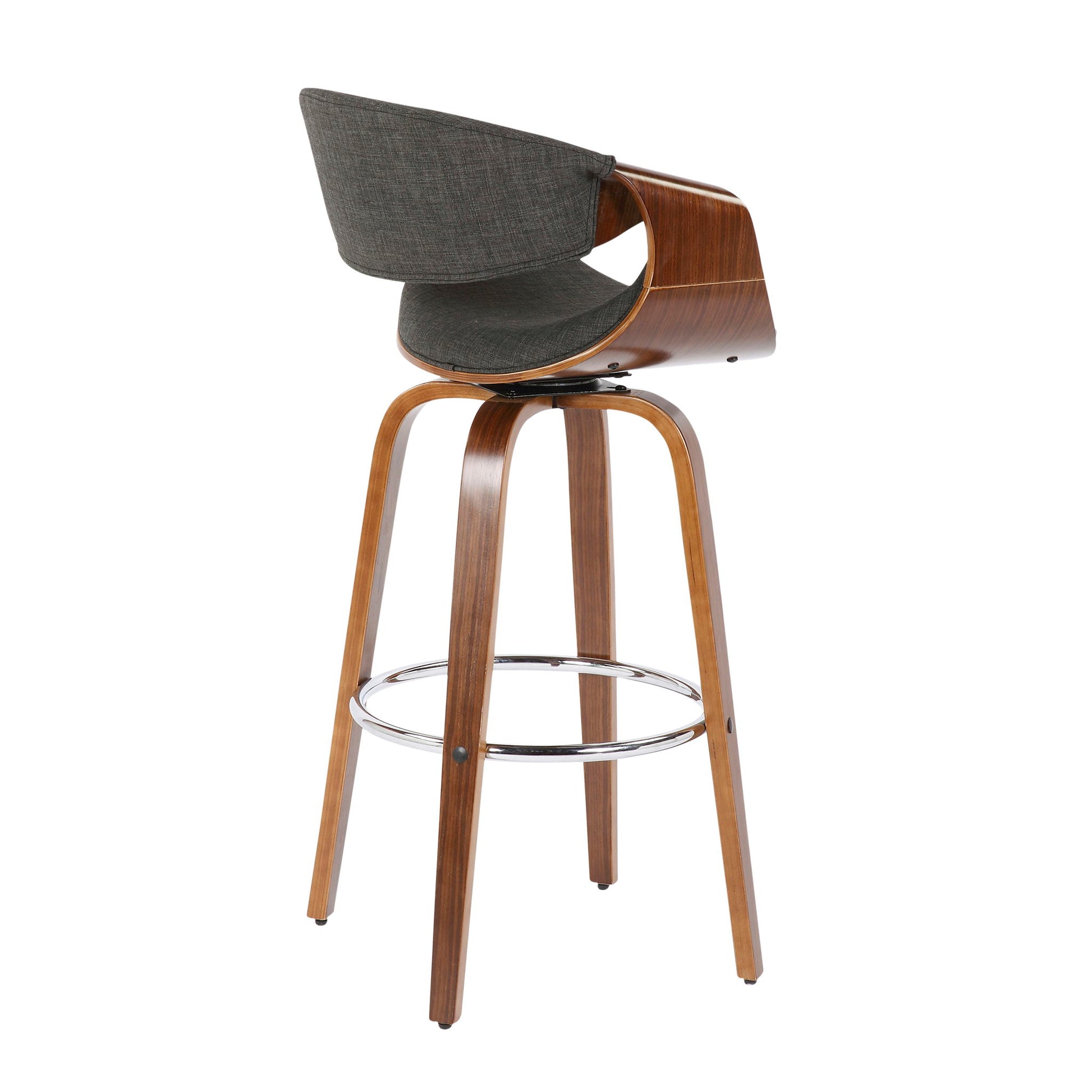 The Curvini Mid-Century Modern Fixed Height Barstool with Swivel (Set of 2) features a curved wooden backrest, dark gray cushioned seat and back, four angled wooden legs, and a circular chrome footrest.