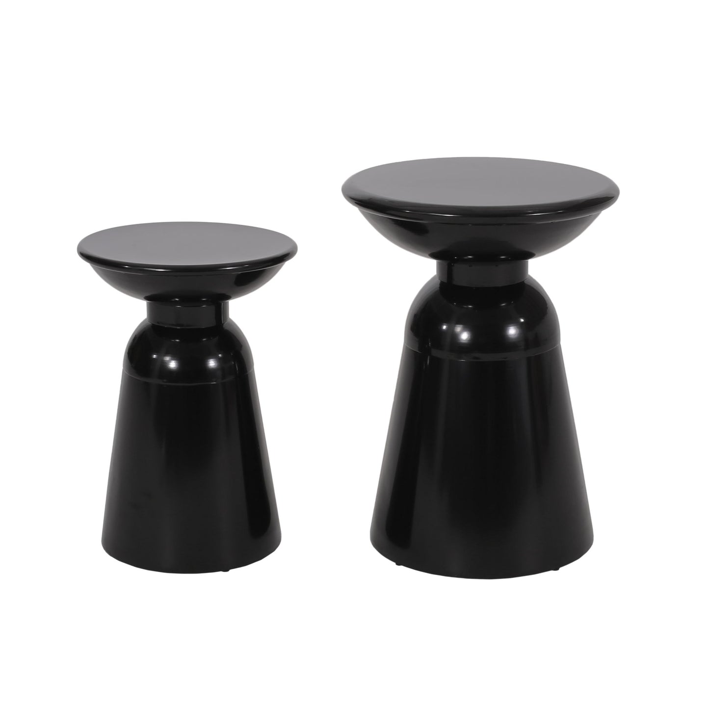 The Serenita Outdoor Side Tables (set of 2) feature sleek, glossy black round tops and flared bases in two different heights, shown side by side against a white background.