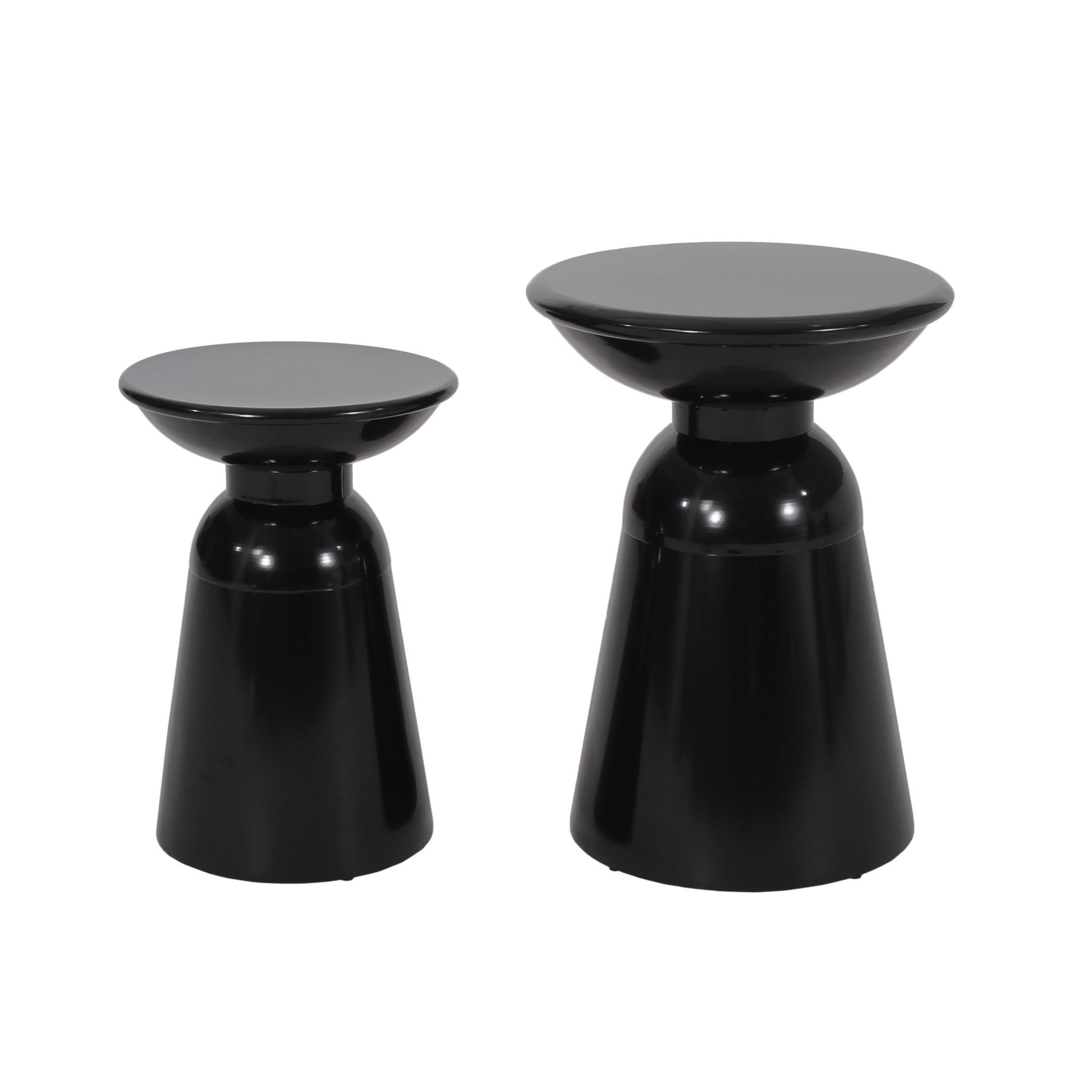 The Serenita Outdoor Side Tables (set of 2) feature sleek, glossy black round tops and flared bases in two different heights, shown side by side against a white background.
