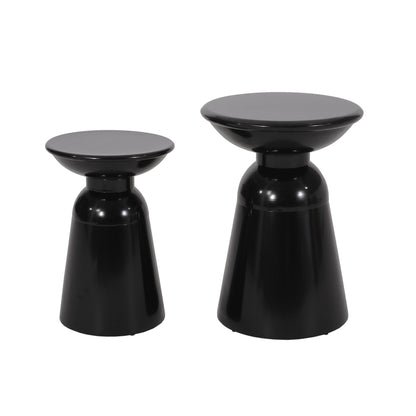 The Serenita Outdoor Side Tables (set of 2) feature sleek, glossy black round tops and flared bases in two different heights, shown side by side against a white background.