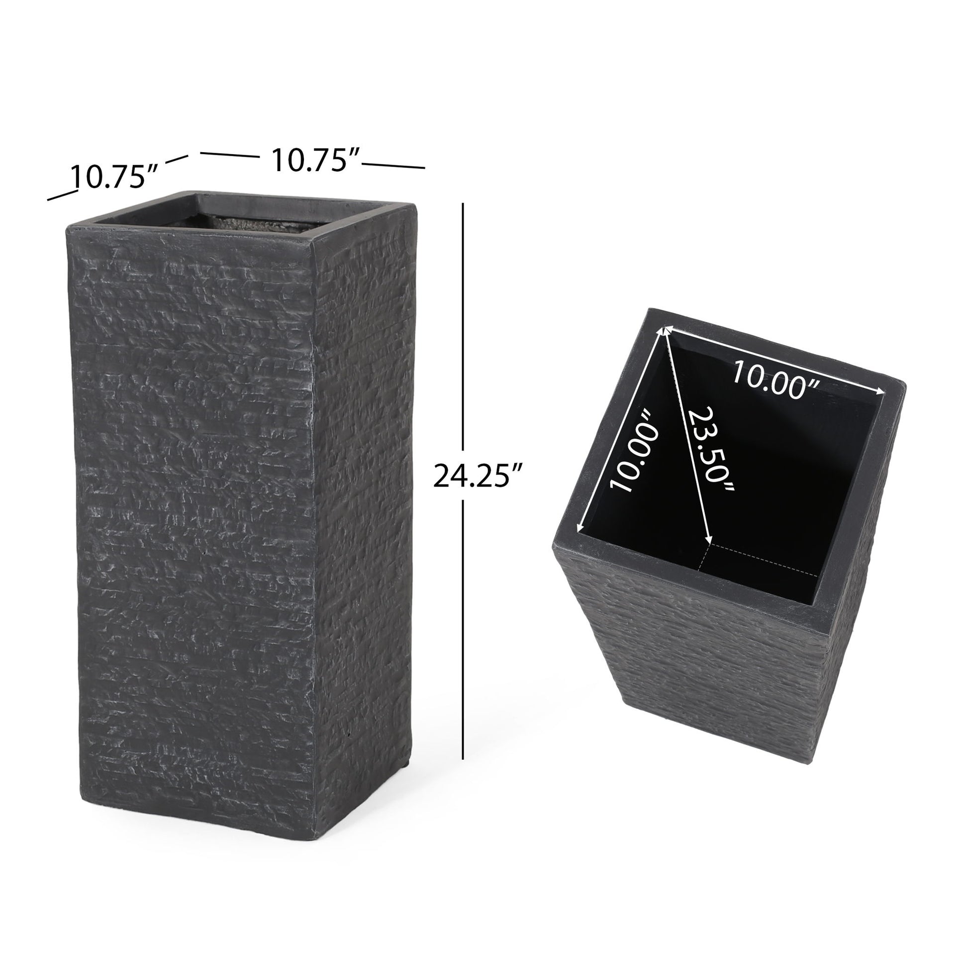 The Modern Outdoor Planter is a tall, textured black rectangle measuring 24.25"H x 10.75"W x 10.75"D, with a top opening of 10" x 10" and an interior height of 23.5".