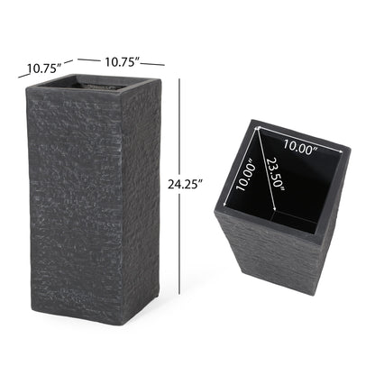 The Modern Outdoor Planter is a tall, textured black rectangle measuring 24.25"H x 10.75"W x 10.75"D, with a top opening of 10" x 10" and an interior height of 23.5".