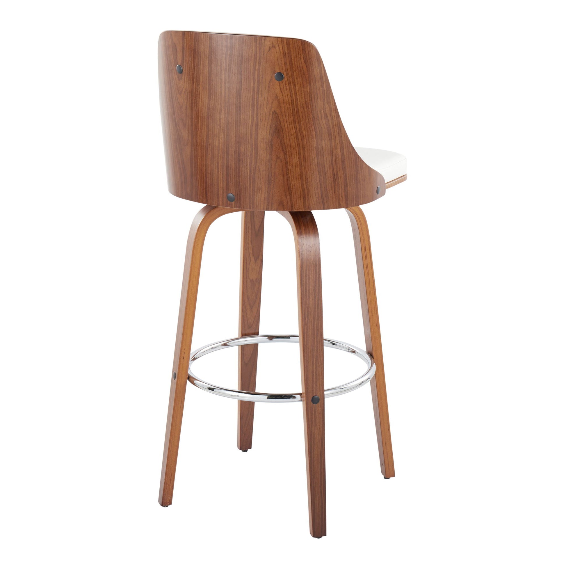 The Gianna Mid Century Modern Fixed Height Barstool features a curved wooden backrest and legs, white cushioned seat, and round chrome footrest. Shown from the back. Comes as a set of 2 with swivel function.