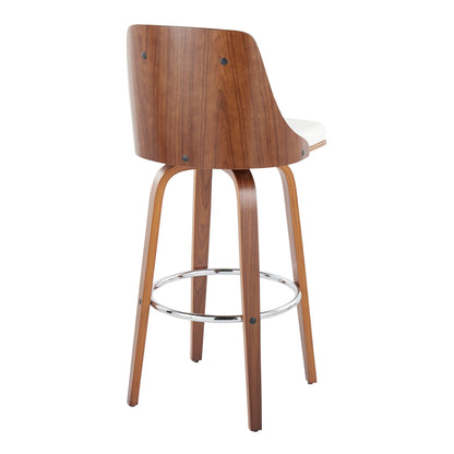 The Gianna Mid Century Modern Fixed Height Barstool features a curved wooden backrest and legs, white cushioned seat, and round chrome footrest. Shown from the back. Comes as a set of 2 with swivel function.