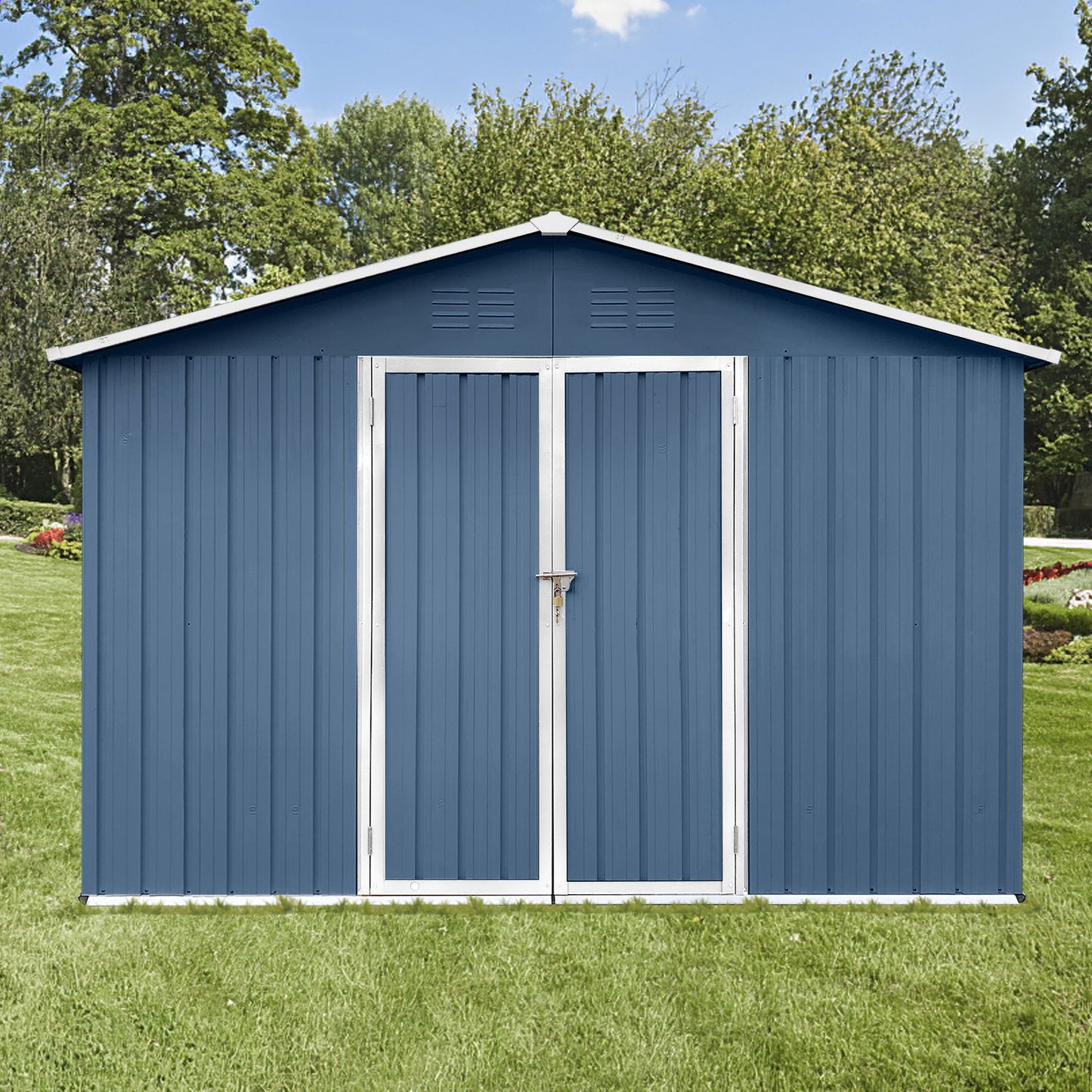 A 10' x 12' Garden Shed with double doors and white trim sits on a manicured grassy lawn, surrounded by trees and shrubs under a partly cloudy sky.