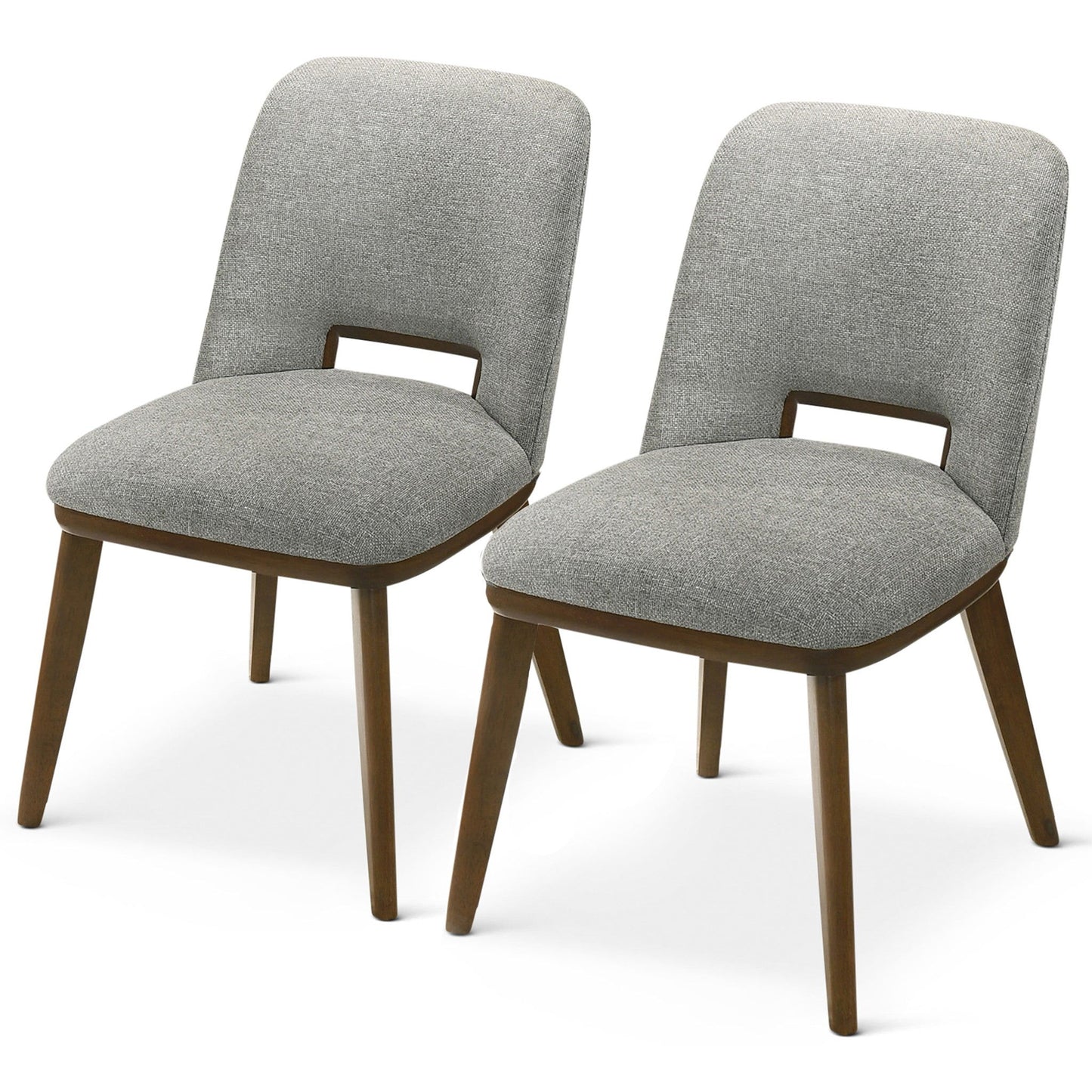 The Blake - Modern Dining Chair (Set of 2) features light gray upholstered seats and backs, wooden frames with tapered legs, and a rectangular cutout in each lower backrest for a modern touch.