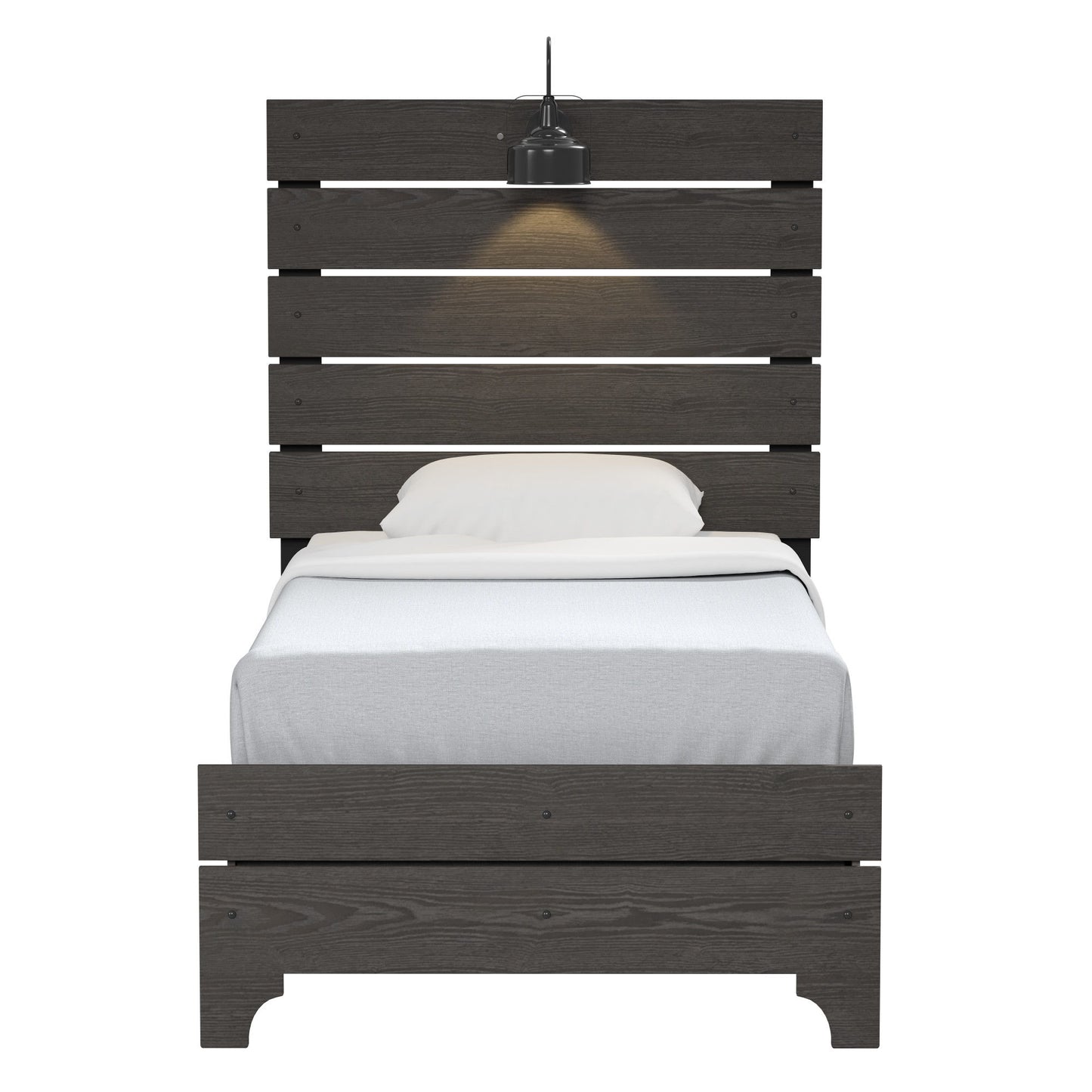 The Junipe - Bed With Lights is a dark wooden single bed with a tall slatted headboard, white bedding, and a pillow. A black pendant light hangs above, casting a warm glow on the headboard.