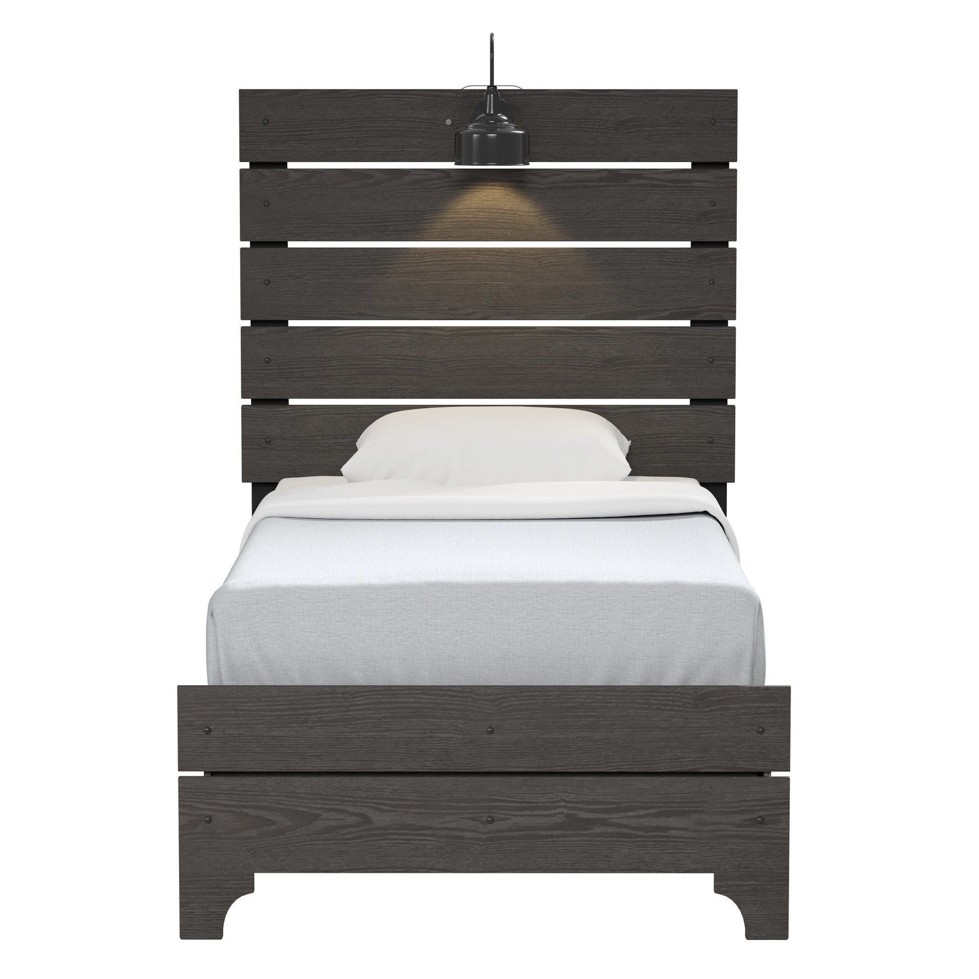 The Junipe - Bed With Lights is a dark wooden single bed with a tall slatted headboard, white bedding, and a pillow. A black pendant light hangs above, casting a warm glow on the headboard.