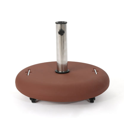 The Wheelie - Round Umbrella Base With Stainless Steel Holder features a round brown design, central silver pole with tightening knob, two handles, and small wheels for easy mobility.