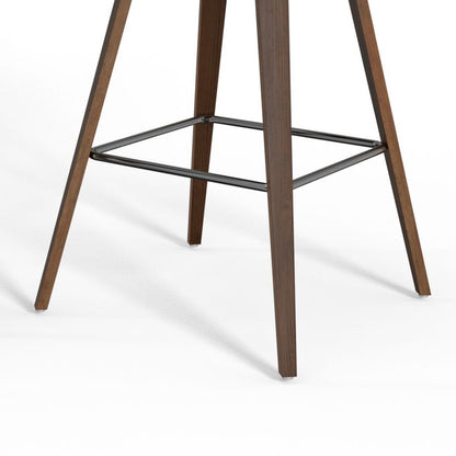 The image features the Randolph Bentwood Counter/Bar Height Stool (Set of 2) with four angled wooden legs and black metal square footrests, shown against a white background.