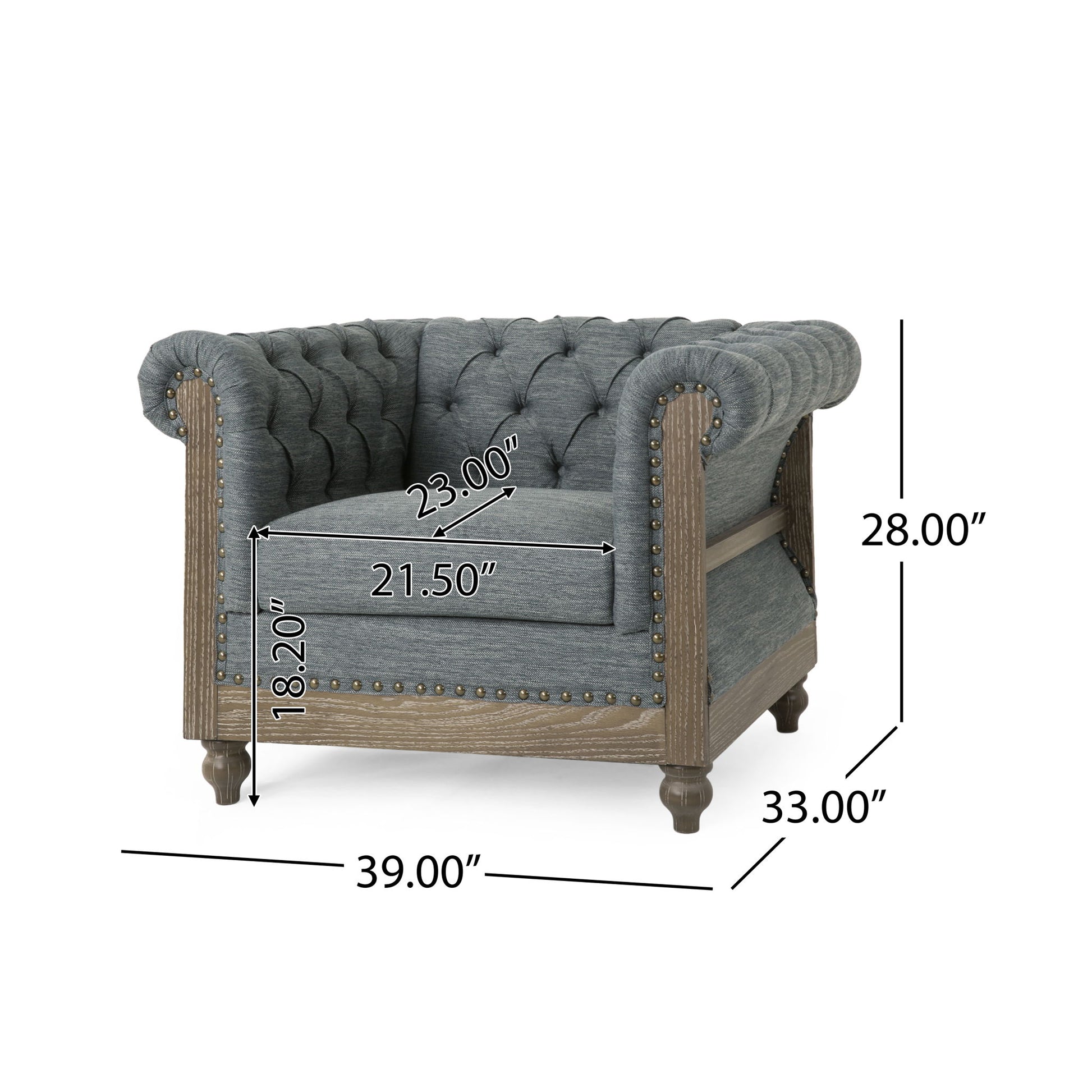 The Fabric Upholstered Club Chair With Scrolled Tuxedo Arms features grey tufted upholstery, wooden legs, nailhead trim, and measures 39"W x 33"D x 28"H; seat is 23"W x 21.5"D x 18.2"H.
