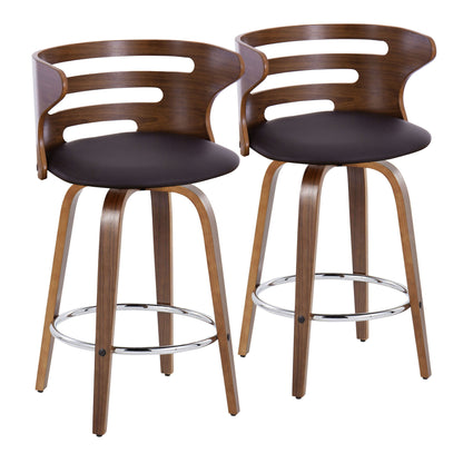 The Cosini Mid Century Modern Barstools (Set of 2) feature curved wooden backs with open slat designs, dark cushioned seats, four wooden legs, and a round metal footrest. Fixed height with swivel for added comfort and style.