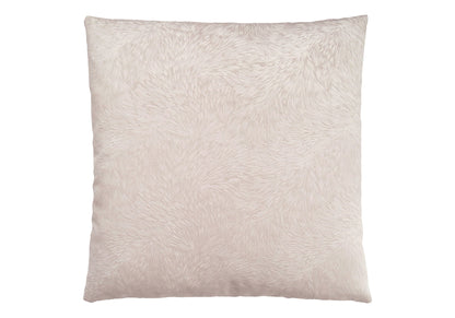 A modern, square decorative throw pillow with insert included, hypoallergenic and light beige with a soft, textured surface, shown against a white background.