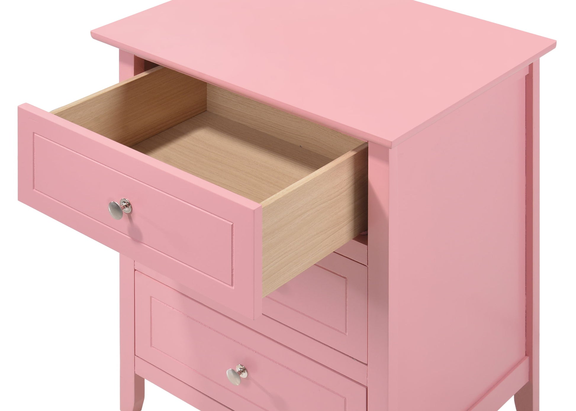 The Daniel 3 Drawer Nightstand is a pink wooden dresser featuring three drawers with silver round knobs; one drawer is open, revealing a light wood interior.