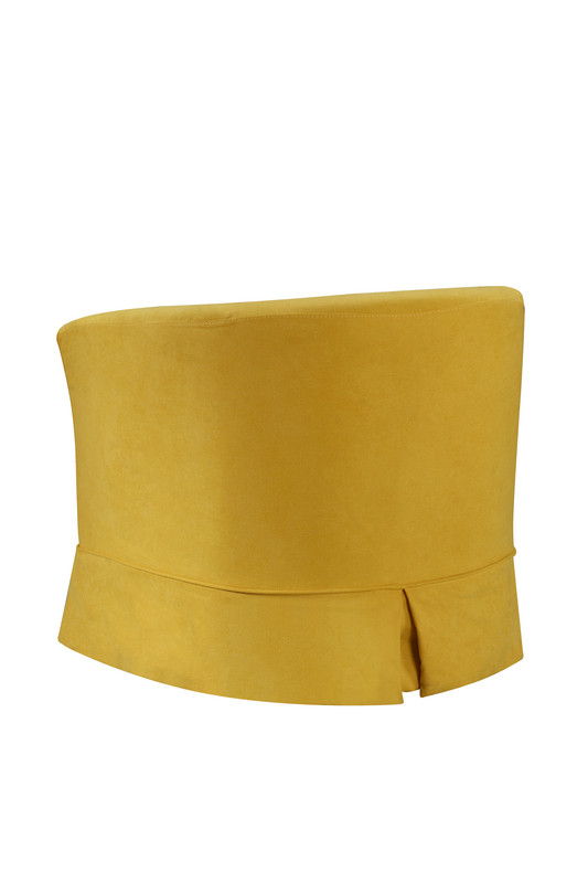 The Tucker - Woven Fabric Swivel Barrel Chair is a modern yellow upholstered seat with a curved back and wide smooth base, highlighted by a single centered slit at the bottom, displayed against a plain white background.
