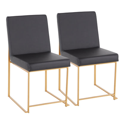 The Fuji High Back Dining Chair set includes two contemporary chairs with black cushioned seats and geometric gold metal frames, shown side by side against a white background.
