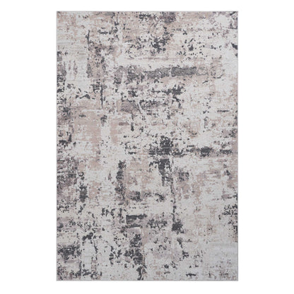 The Payas Abstract Area Rug features a textured pattern in beige, cream, and gray with an uneven, distressed design for a modern, artistic look.
