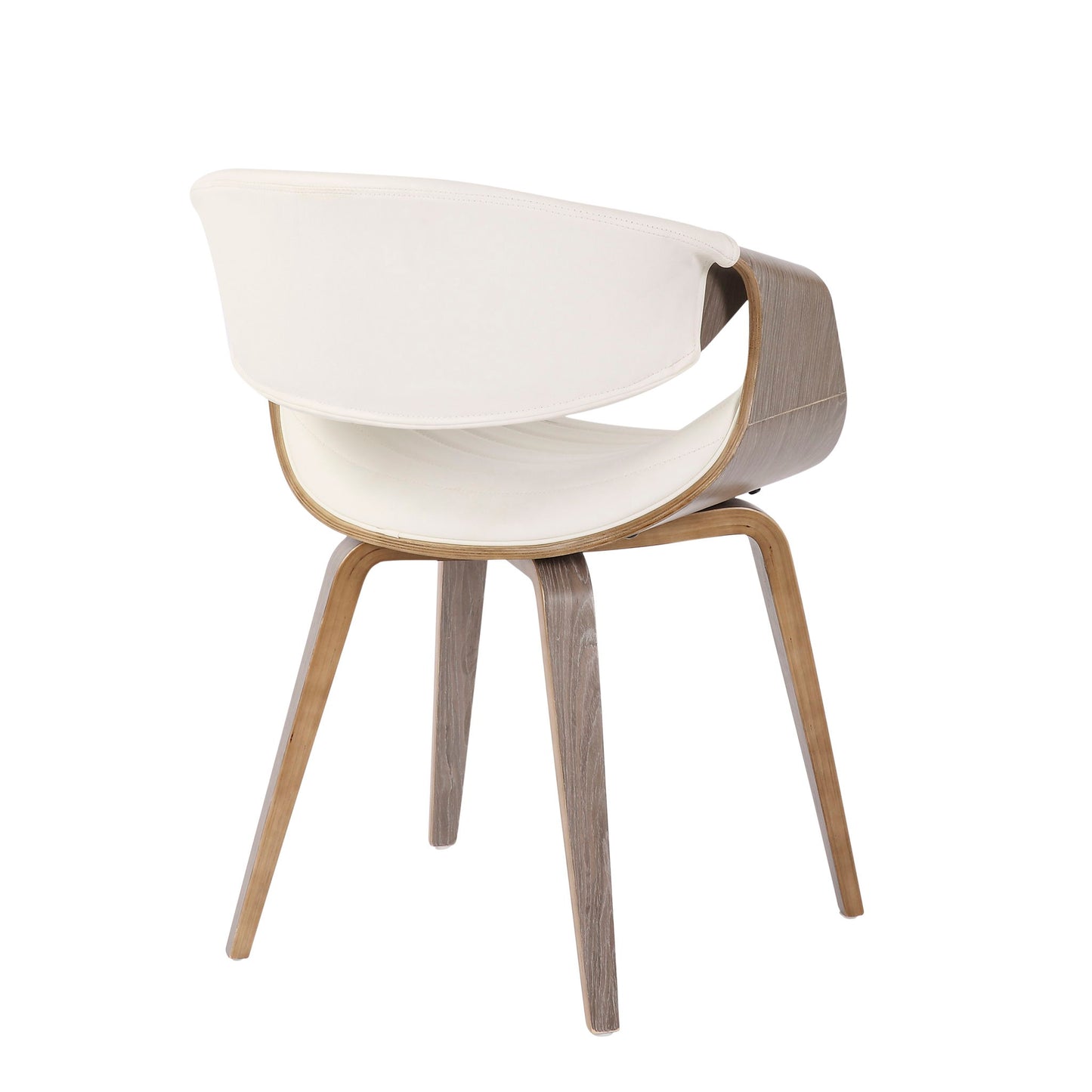 The Symphony - Mid Century Modern Dining Chair features a curved wooden frame, angled wooden legs, and a white cushioned backrest and seat, shown from the back.