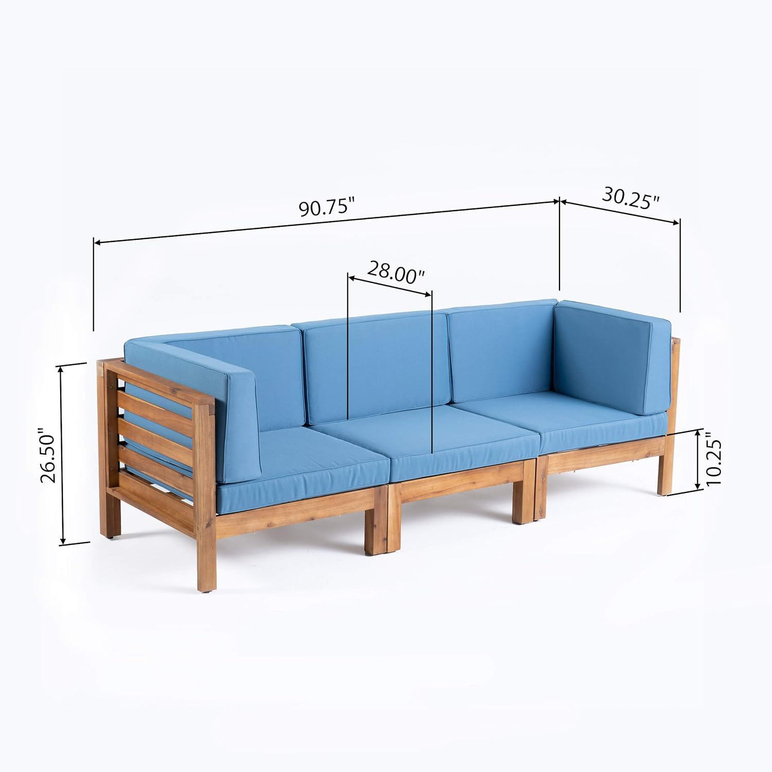 The Oana 3 Piece Sofa Set with water resistant blue cushions is shown, measuring 90.75" L x 30.25" D x 26.5" H, with a seat section of 28" and a seat height of 10.25".