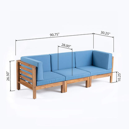 The Oana 3 Piece Sofa Set with water resistant blue cushions is shown, measuring 90.75" L x 30.25" D x 26.5" H, with a seat section of 28" and a seat height of 10.25".