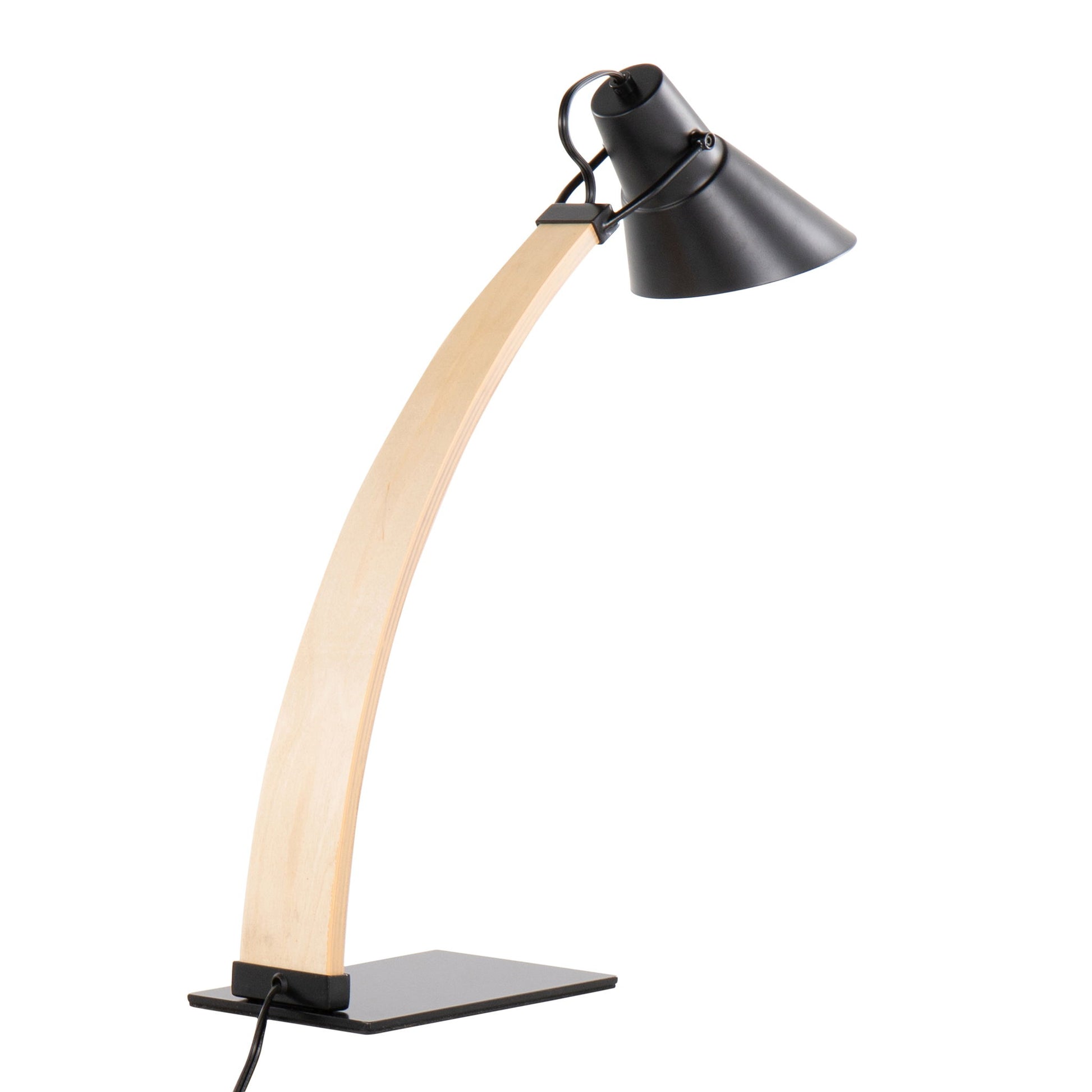 The Noah - Contemporary Table Lamp features a curved light wood base, a black metal lampshade, and a rectangular black base with a visible power cord.