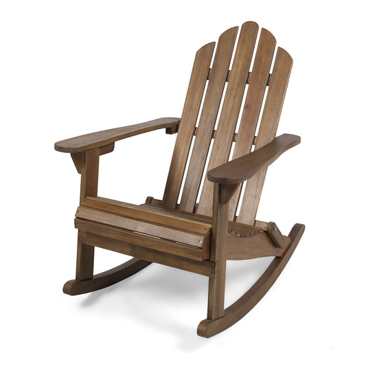 The Echoes Outdoor Acacia Wood Adirondack Rocking Chair features wide armrests and a slatted backrest, shown on a plain white background.