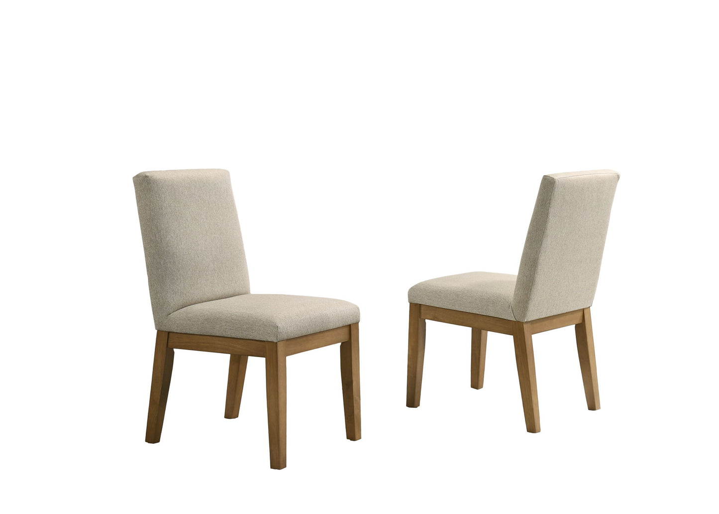 A set of two Jasper Contemporary Fabric 19" Dining Chairs, upholstered in beige with wooden legs—one facing forward, the other angled—displayed against a plain white background.