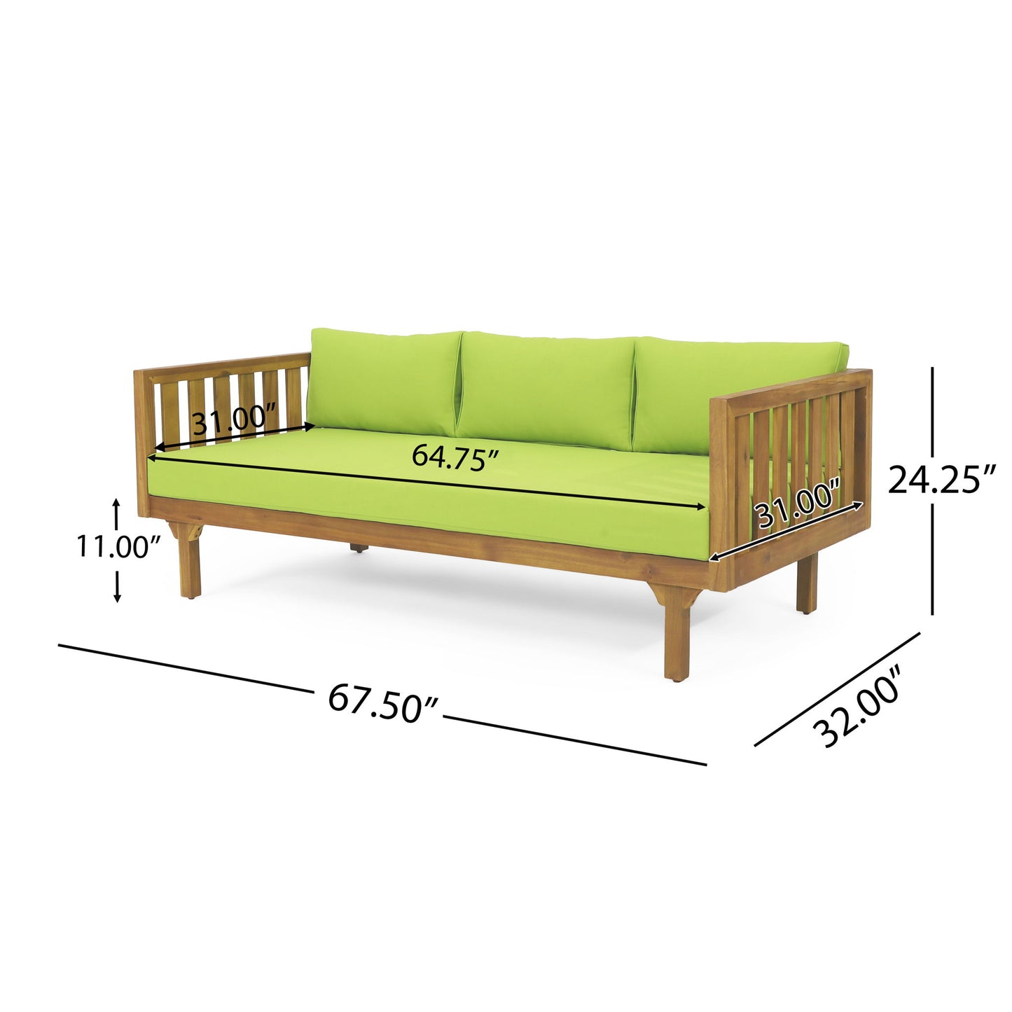 Claremont 3 Seater Daybed in teak acacia wood with water-resistant green cushions; measures 67.5"L x 32"D x 24.25"H (backrest), seat height 11", seat size 64.75" x 31".