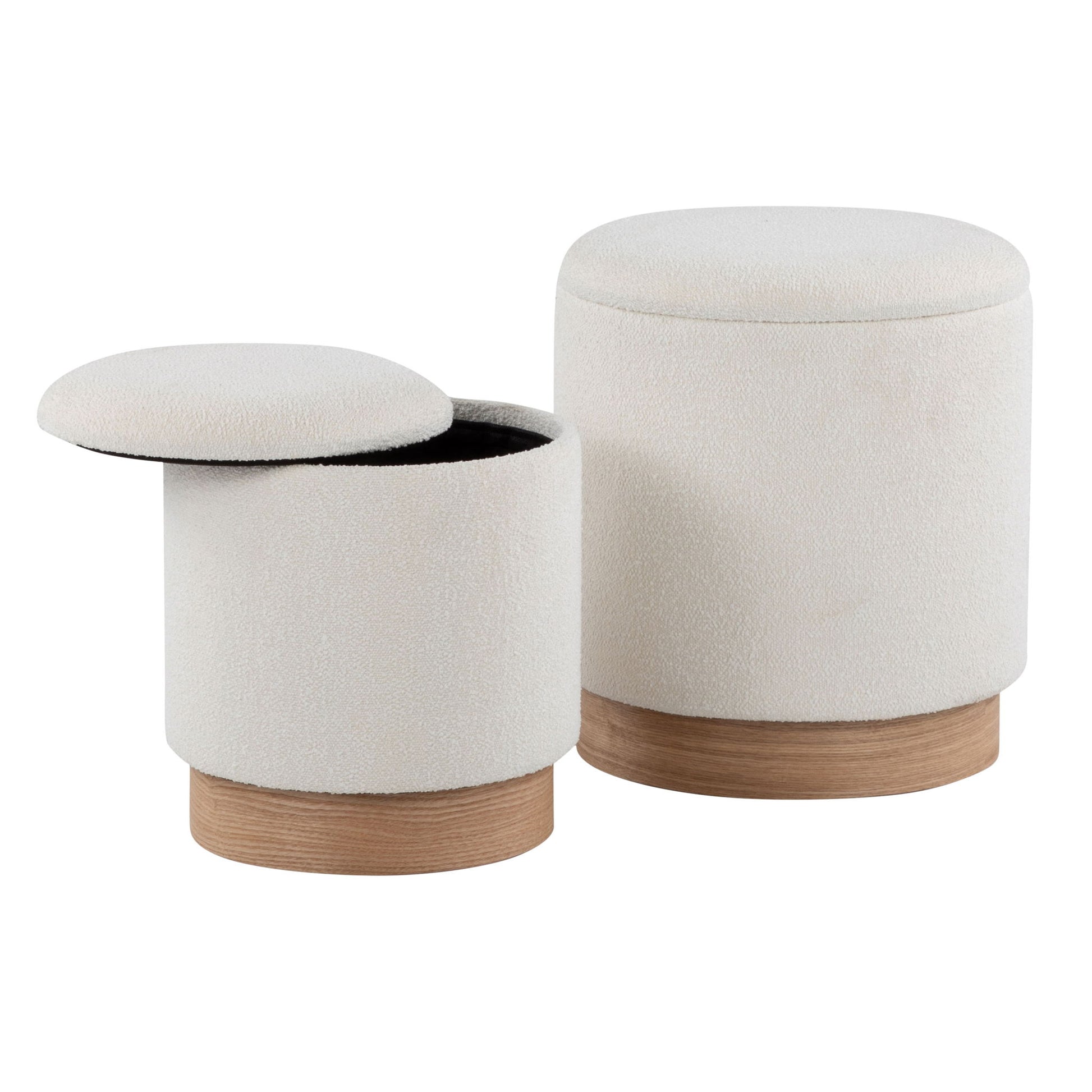 The Marla Contemporary Nesting Ottoman Set in Natural/Cream features two round, white upholstered ottomans with wooden bases; one has its lid partially open to reveal hidden storage inside.