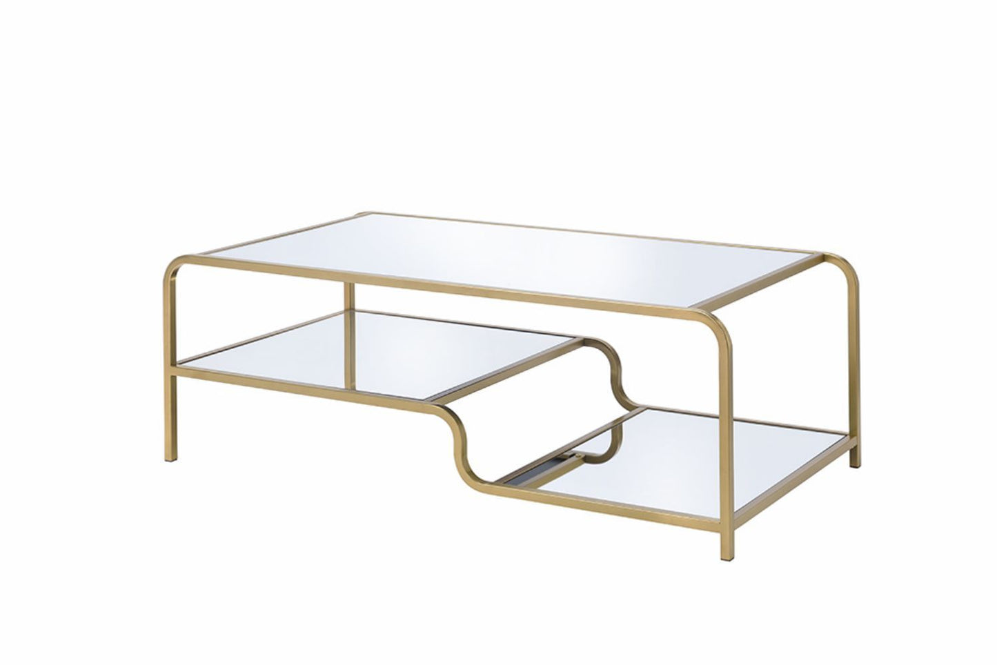 Astrid - Mirrored Table: Rectangular glass coffee table with a gold metal frame and a lower mirrored shelf featuring a unique wavy design on one side.