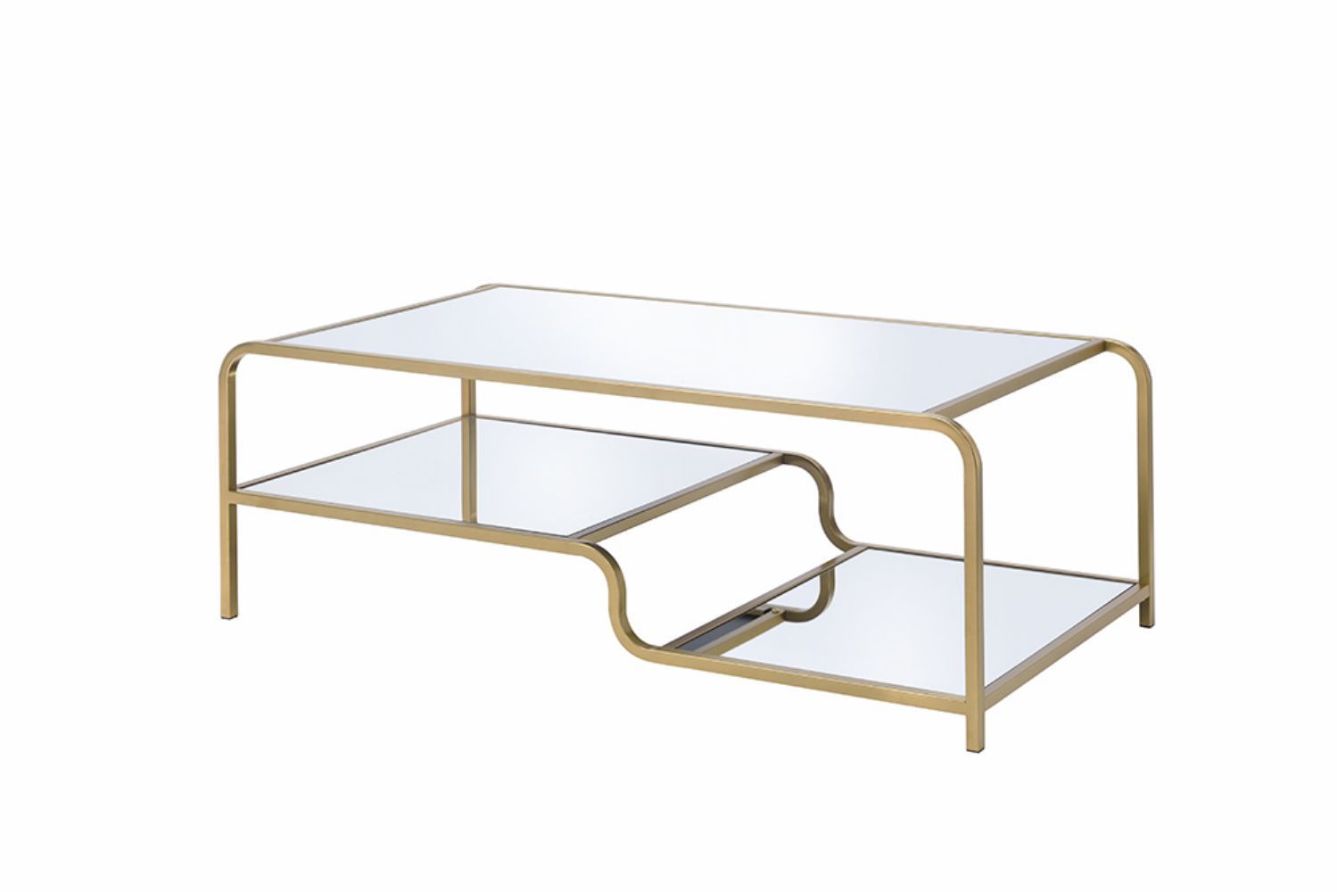 Astrid - Mirrored Table: Rectangular glass coffee table with a gold metal frame and a lower mirrored shelf featuring a unique wavy design on one side.