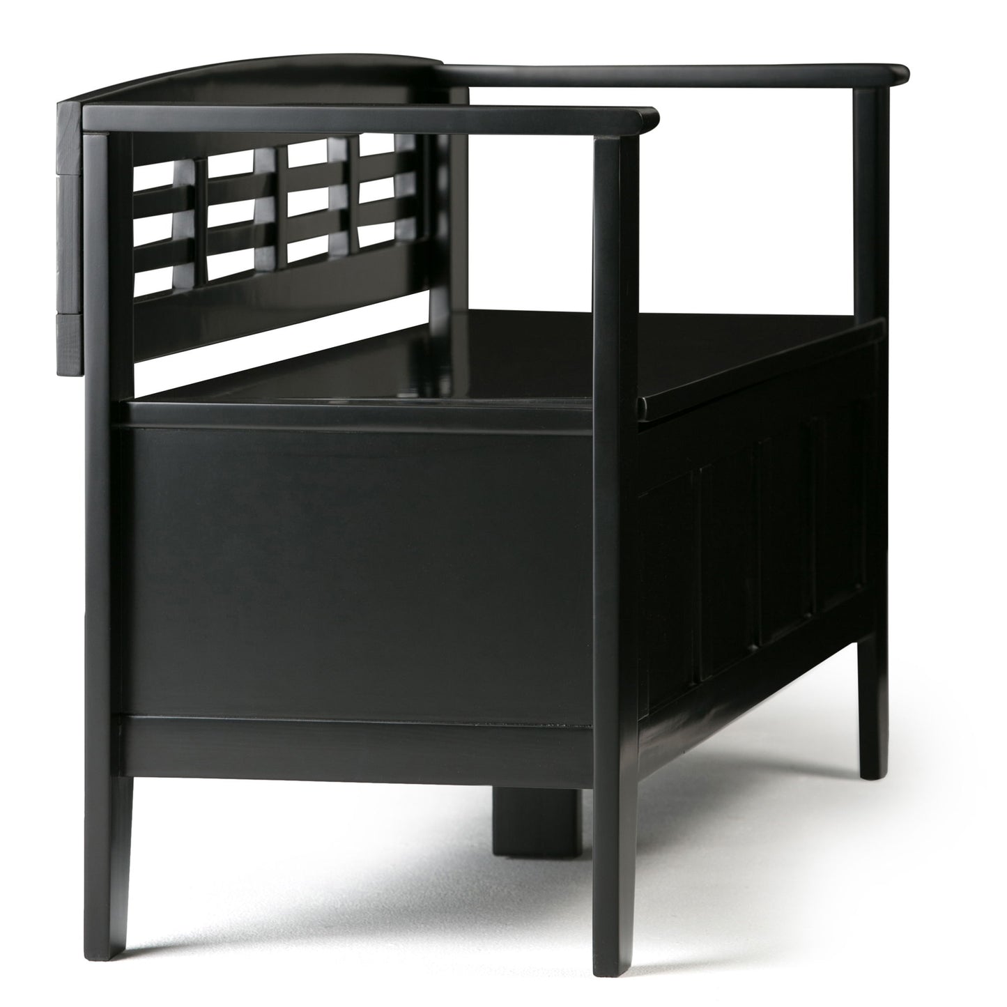 The Adams Entryway Storage Bench Handcrafted features a black finish, backrest with square lattice design, solid side panels, and straight legs, shown on a white background.