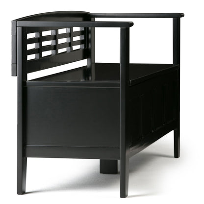 The Adams Entryway Storage Bench Handcrafted features a black finish, backrest with square lattice design, solid side panels, and straight legs, shown on a white background.
