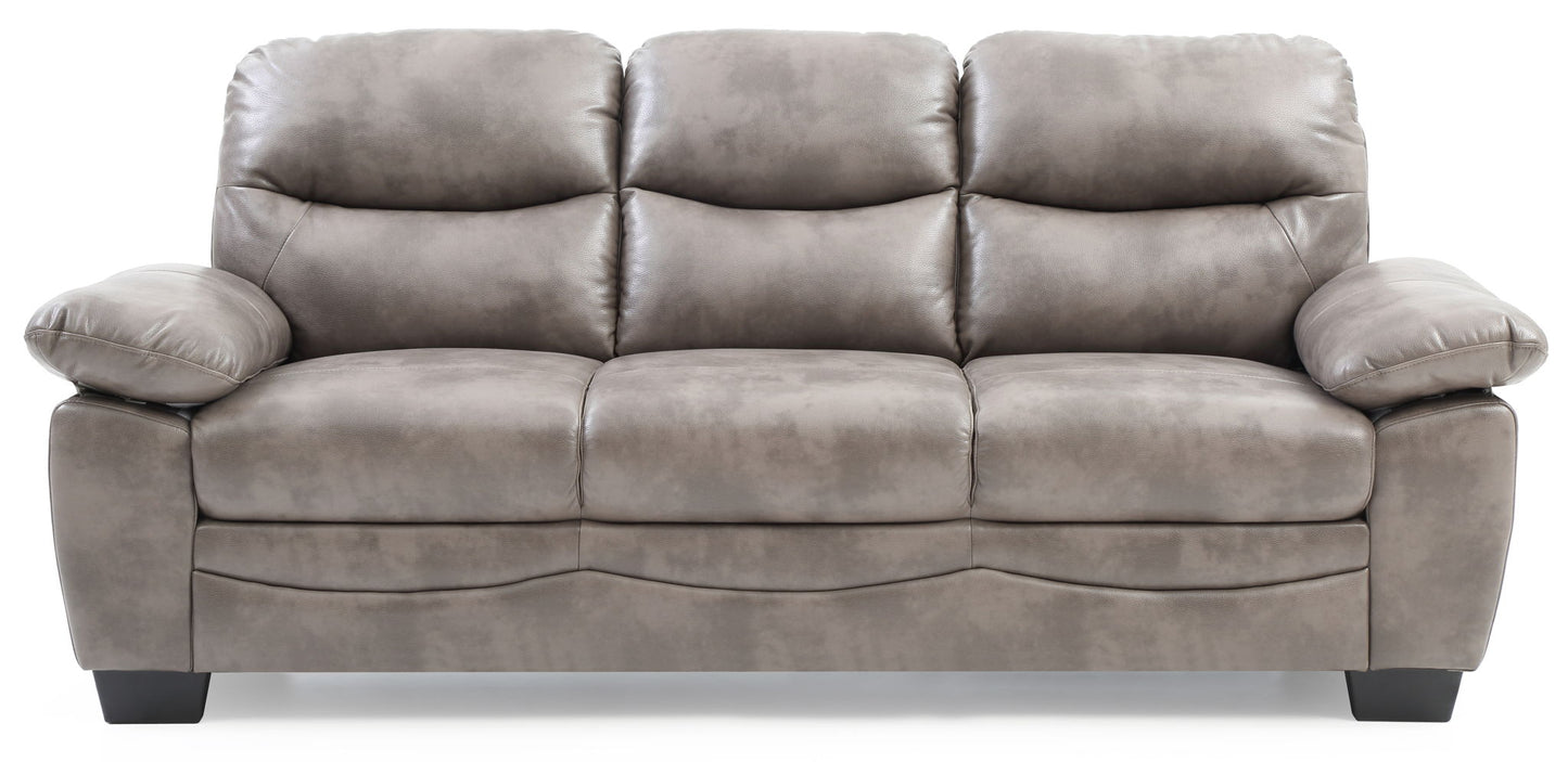 The Marta - Sofa is a gray, three-seater leather couch with plush cushions and wide armrests, displayed from the front against a white background.