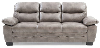 The Marta - Sofa is a gray, three-seater leather couch with plush cushions and wide armrests, displayed from the front against a white background.