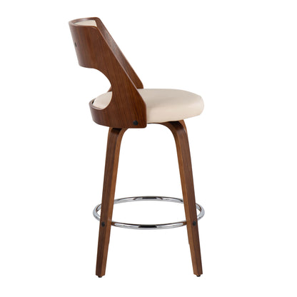 The Cecina set includes two mid-century modern fixed-height counter stools with swivel seats, open-back design, cream cushions, angled wooden legs, and a round chrome footrest.